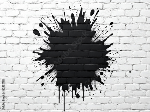 White brick wall with colorful paint splashes. Urban graffiti, art, abstract and modern background.
