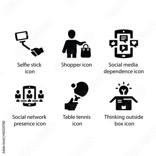 Selfie stick, Shopper, Social media, Social network, Table tennis, Thinking outside box, icon