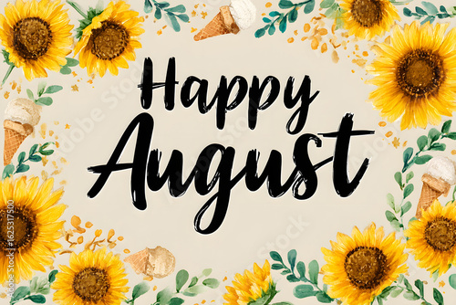Happy August Greeting with Sunflowers and Ice Cream Cones