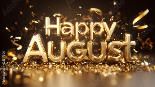 Happy August Greeting with Golden Text and Confetti