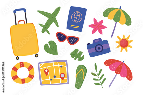 Journey Essentials: A vibrant illustration showcases the joyful symbols of travel - from a sturdy suitcase to an airplane, passport to the sun, hinting at destinations.