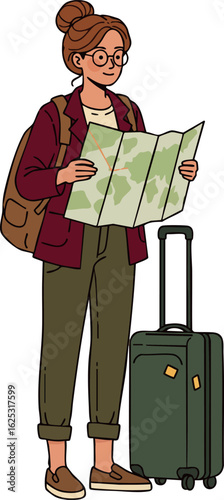 Young woman traveler with backpack and suitcase reading map for navigation and exploration outdoor activities