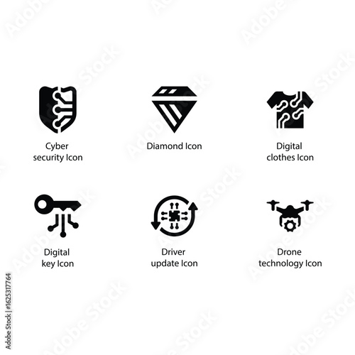 Cyber security, Diamond, Digital clothes, Digital key, Driver update, Drone technology, icon