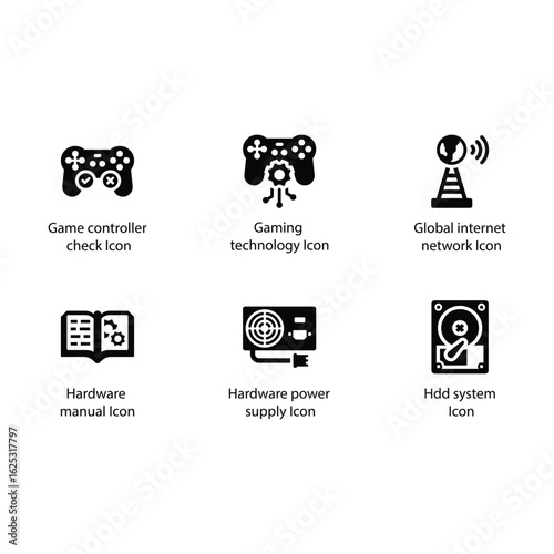 Game controller, Gaming, Internet network, Hardware manual, Hardware power supply, Hdd system, icon