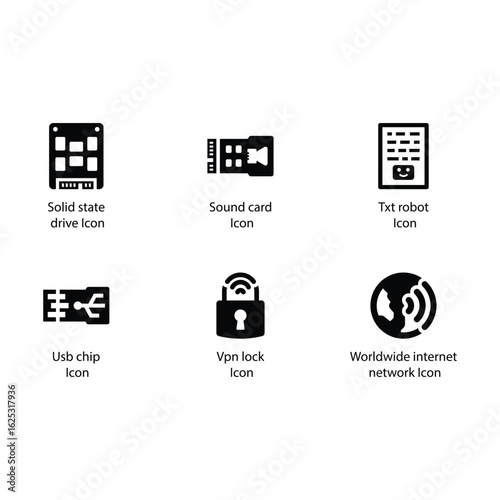 Solid state drive, Sound card, Txt robot, Usb chip, Vpn lock, Worldwide internet network, icon