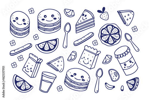 Sweet Treats Collection: A delightful doodle style featuring an array of desserts, each charmingly illustrated with a playful personality, invites you to indulge in the whimsical world of treats.