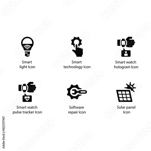 Smart light, Smart technology, Smart watch hologram, Pulse tracker, Software repair, Solar panel, icon