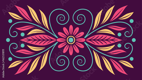 Pink and yellow floral design with swirls on purple background bloom celebration