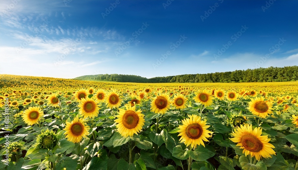 Fototapeta premium bright sunflowers under clear blue sky in a lush green landscape on a sunny day