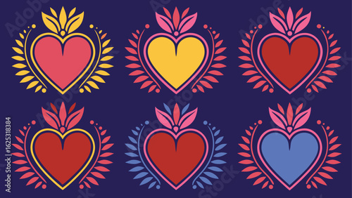 Collection of Six Sacred Heart Milagro Embellished with Leaves love religion