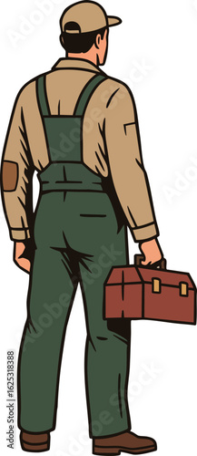 Worker holding toolbox wearing green overalls and beige shirt standing facing away vector illustration