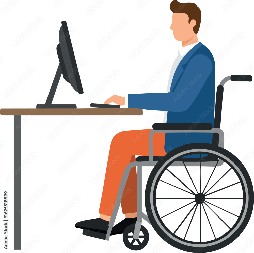 Man in wheelchair working on computer at desk with office setup and casual clothing vector illustration Man in wheelchair working on computer at desk with office setup and casual clothing vector illustration
