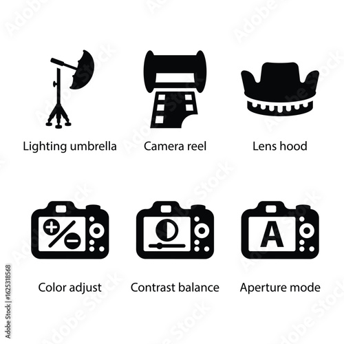 Lighting umbrella, Camera reel, Lens hood, Colour adjust, Contrast balance, Aperture mode, icon