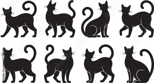 An elegant collection of black cat silhouettes in various poses. Striking illustrative vector set for design, icons, or stickers.