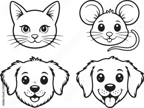 A charming collection of cartoon animal heads. Vector line art featuring a cat, mouse, and two puppy dogs in a simple black and white outline style.