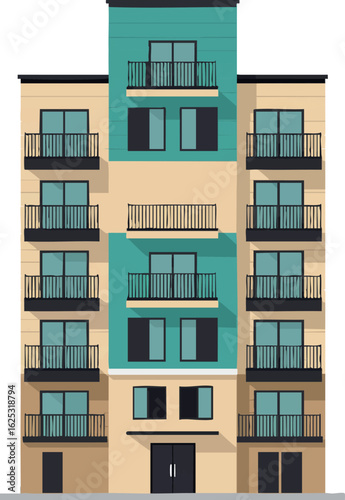 Modern residential building facade with balconies and teal accent architectural design vector illustration