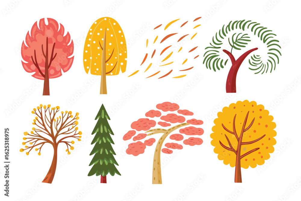 Obraz premium Vibrant Trees Illustrations : A collection of diverse and stylized tree illustrations showcases nature's variety and the beauty of the tree across various seasons.