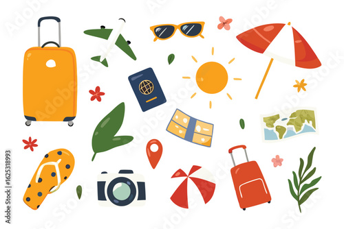 Travel Essentials: A vibrant illustration showcasing a curated selection of travel essentials against a soft and inviting backdrop. Capturing the spirit of exploration, wanderlust.