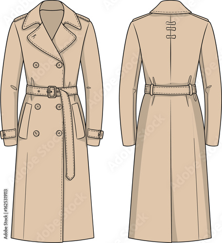 Beige trench coat technical drawing, front and back view, double-breasted design, wide lapel, waist belt, fashion sketch, garment template