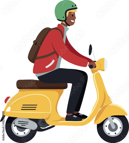 Man riding yellow scooter wearing green helmet and red jacket urban transportation commuting lifestyle vector illustration