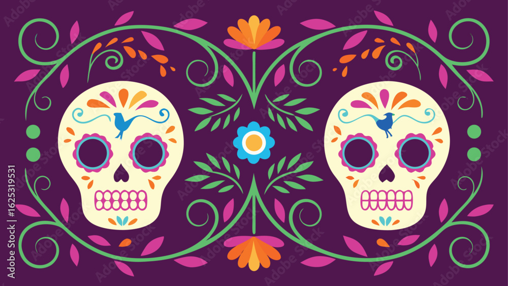 Obraz premium Day Of The Dead Sugar Skulls With Floral Swirls And Birds Illustration calavera