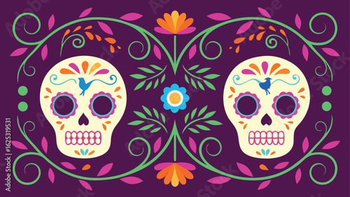Day Of The Dead Sugar Skulls With Floral Swirls And Birds Illustration calavera