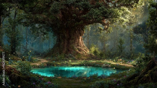 Enchanted Forest Pond With Glowing Plants