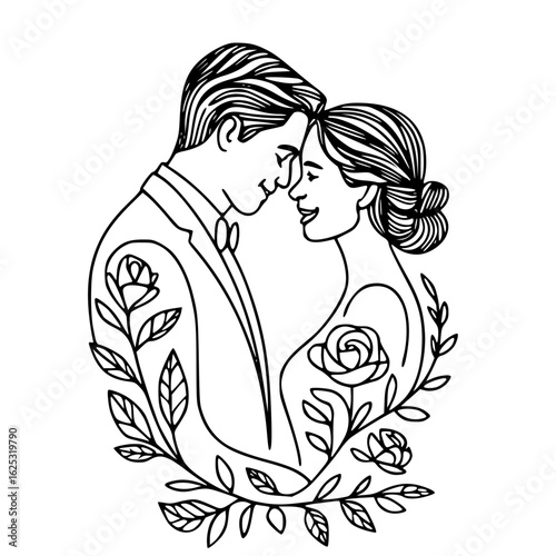 Eternal Embrace: A touching monochrome illustration of a newlywed couple, intertwined in an eternal, tender embrace framed by delicate floral elements