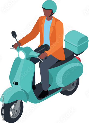 Man Riding Blue Scooter Wearing Orange Jacket and Helmet Urban Transportation Vector Illustration