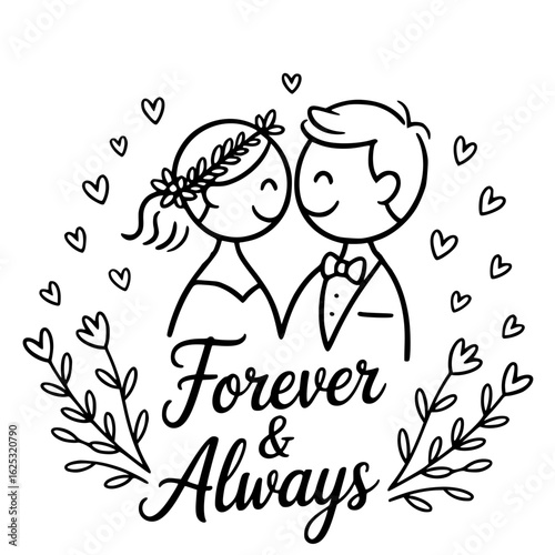 Eternal Union: A touching artistic depiction of a couple on their wedding day, surrounded by floral elements and delicate hearts, symbolizing everlasting love and unity.
