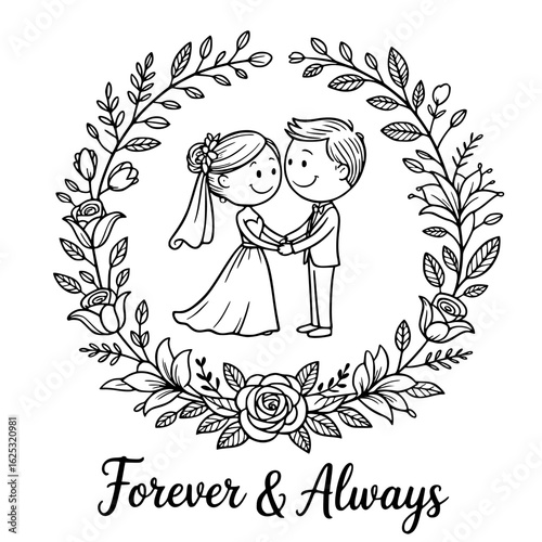 Eternal Love: A tender depiction of a cartoon couple, surrounded by a floral wreath, with the promise of Forever & Always delicately scripted below, a symbol of enduring commitment.