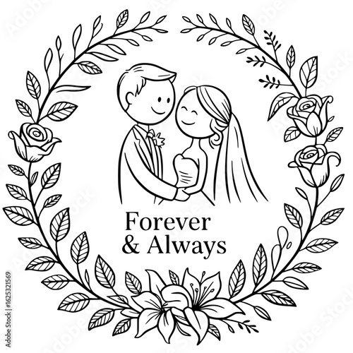 Eternal Embrace: A heartwarming depiction of a couple's commitment, intertwined within an ornate floral wreath, expressing the sentiment of Forever & Always.