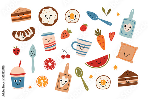 Delightful Food Illustrations: Whimsical food illustrations with playful expressions, from cakes and coffee to strawberries and watermelon, offer a charming and lighthearted touch.