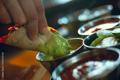 Mexican food. Taco being held by a woman's hand as she pours avocado salsa on it in a restaurant with dramatic lighting and a retro or vintage inspiration.