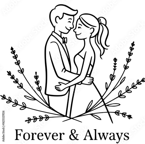 Forever & Always: A romantic sketch illustrating a couple, embracing in a tender moment surrounded by floral embellishments, encapsulates the theme of eternal love and commitment.
