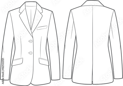 Blazer CAD illustration, notched lapel, chest pocket, flap pockets, two-button front, tailored seams, fashion sketch, garment design