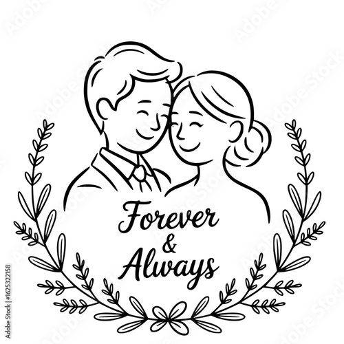 Forever & Always: Romantic illustrated embrace with elegant script, capturing the timeless vows.