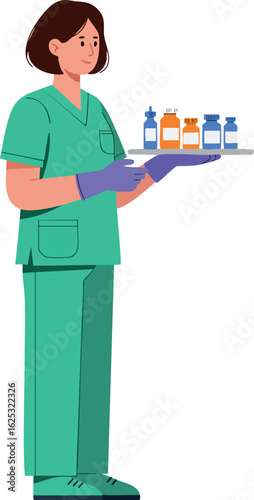 Nurse holding medical bottles in green scrubs with purple gloves standing side view vector illustration