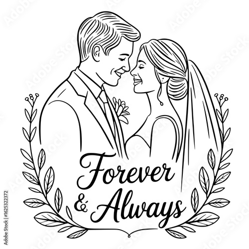 Eternal Union: An intimate monochrome illustration of a couple, in embrace, capturing a tender moment of love and commitment in the form of wedding theme with 'Forever & Always' text.