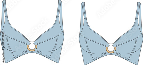 Blue bra CAD, gold ring detail, fashion sketch, lingerie design, front view, stitched seams, vector template, garment illustration