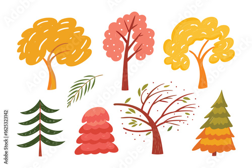 Colorful Trees illustration: A whimsical array of vibrant trees in autumn, celebrating the vivid colors and diverse forms found in nature.