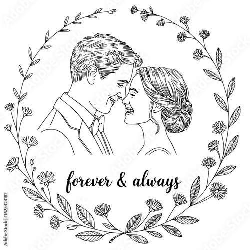 Eternal Bond in Bloom: A tender sketch captures a couple in a heartfelt embrace, framed by a delicate floral wreath, embodying the timeless vow of forever & always. 