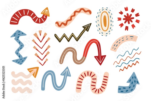 Diverse Directional Arrows: A collection of uniquely styled, colorful arrows, each with its own character, shape, and orientation, symbolizing various directions, choices, and progressions.