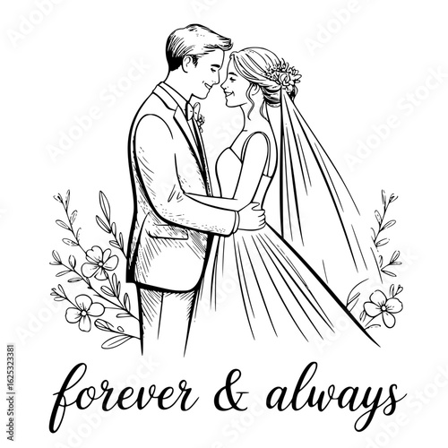 Timeless Union: A loving couple, intricately illustrated, shares a tender moment of connection amidst floral elements, symbolizing their eternal bond.