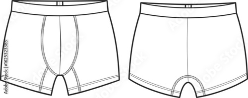 Boxer briefs CAD set, contoured pouch design, vertical seam front, elastic waistband, fashion sketch, garment template, underwear design