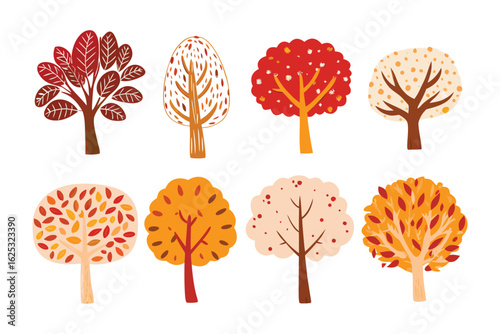 Autumnal Tree Collection: A vibrant collection of stylized autumn trees with rich foliage and diverse colors and details. This illustration would be an excellent addition to any design project.