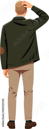 Man standing scratching head uncertain casual clothing rear view vector illustration