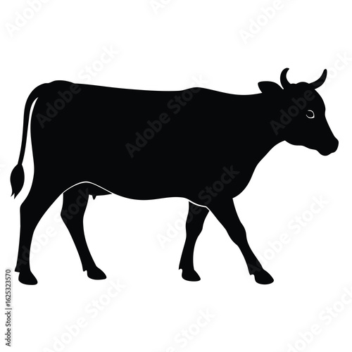 Black cow silhouette walking forward isolated on transparent background