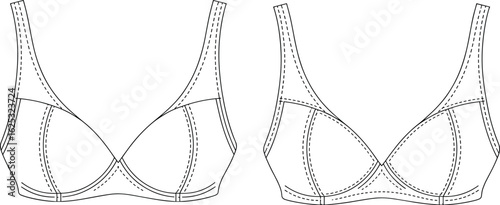 Bra CAD drawing, flat vector illustration, lingerie design, technical sketch, undergarment construction, stitching detail, seam placement, fashion template, sewing guide