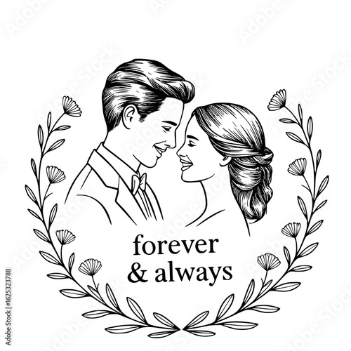 Forever & Always: A touching black-and-white line drawing of a loving couple framed by a wreath of delicate flowers, and the words forever & always, evoking the eternal promise of marriage.